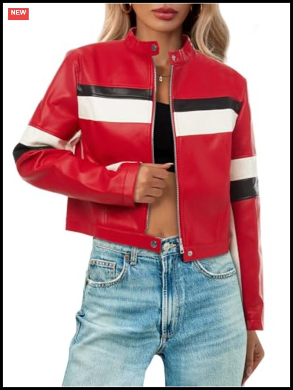 Women's Cropped Faux Leather Moto Biker Jacket Color Block Vintage Racing Coat